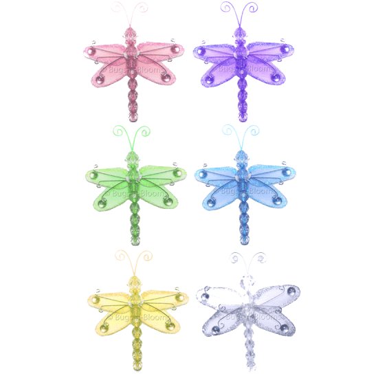 3"" Assorted Mini Wire Bead Dragonfly Dragonflies 6pc set - nylon hanging ceiling wall nursery bedro