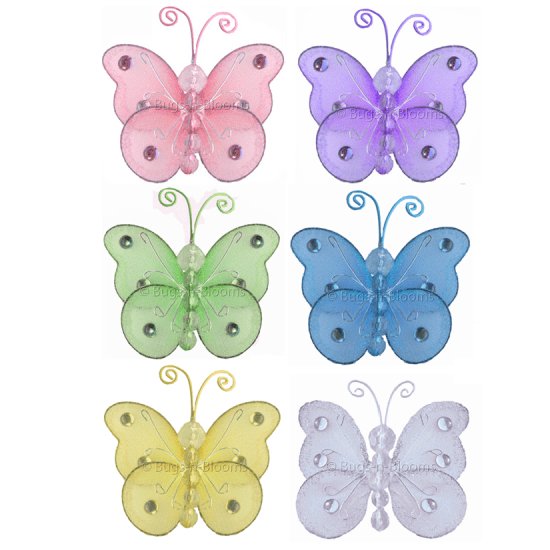 3"" Assorted Mini Wire Bead Butterfly Butterflies 6pc set - nylon hanging ceiling wall nursery bedro
