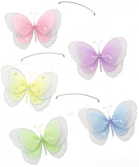 24"" Pink Purple Yellow Blue Green Multi Layered Butterfly Mobile - nylon hanging ceiling wall nurse