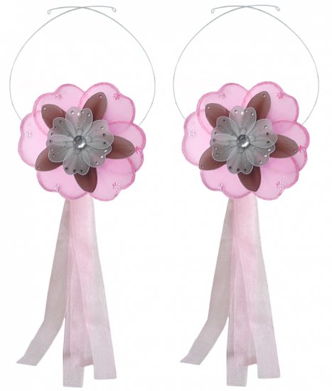 Pink Brown White Triple Layered Daisy Flower Curtain Tieback Pair / Set - holder tiebacks tie backs