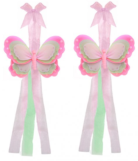 Dark Pink Green Pink Triple Layered Butterfly Curtain Tieback Pair / Set - holder tiebacks tie backs