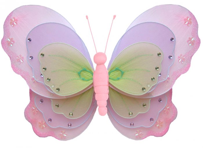 7"" Pink, Purple & Green Triple Layered Butterfly - nylon hanging ceiling wall nursery bedroom decor