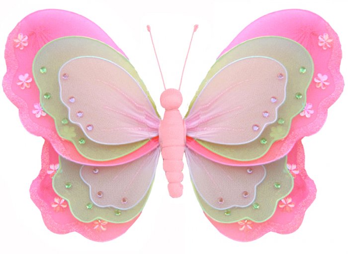 13"" Dark Pink (Fuschia), Green & Pink Triple Layered Butterfly - nylon hanging ceiling wall nursery