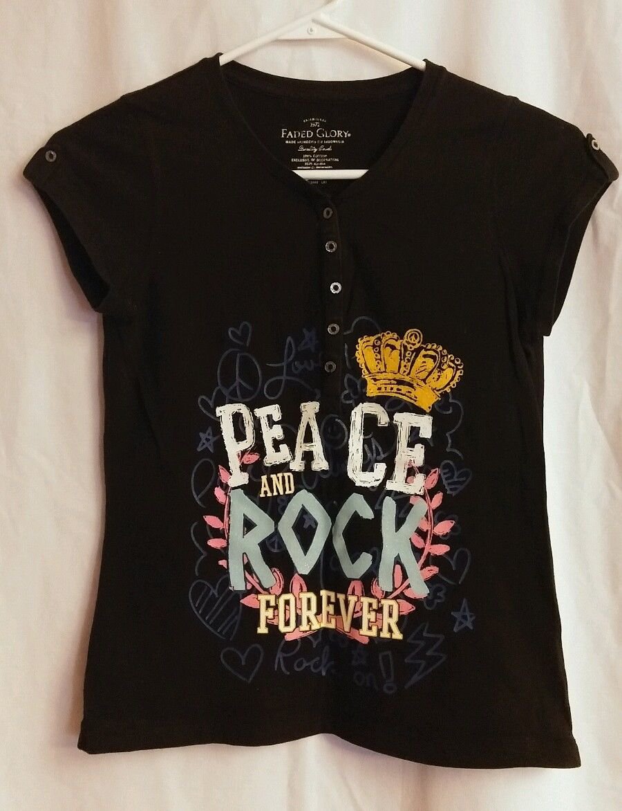 Faded Glory Girls Black Rock n Peace T-Shirt 10/12