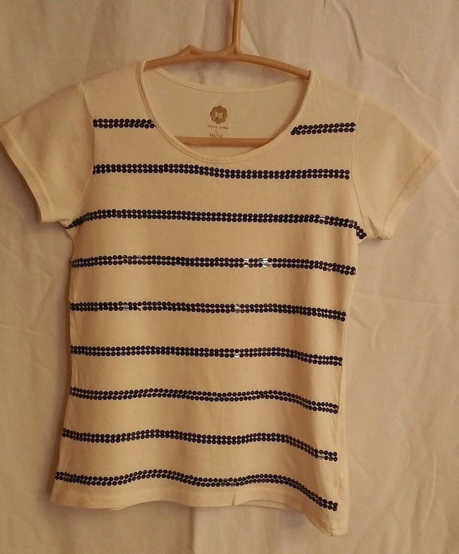 Total Girl Size 10 sequin white T-shirt cap sleeve