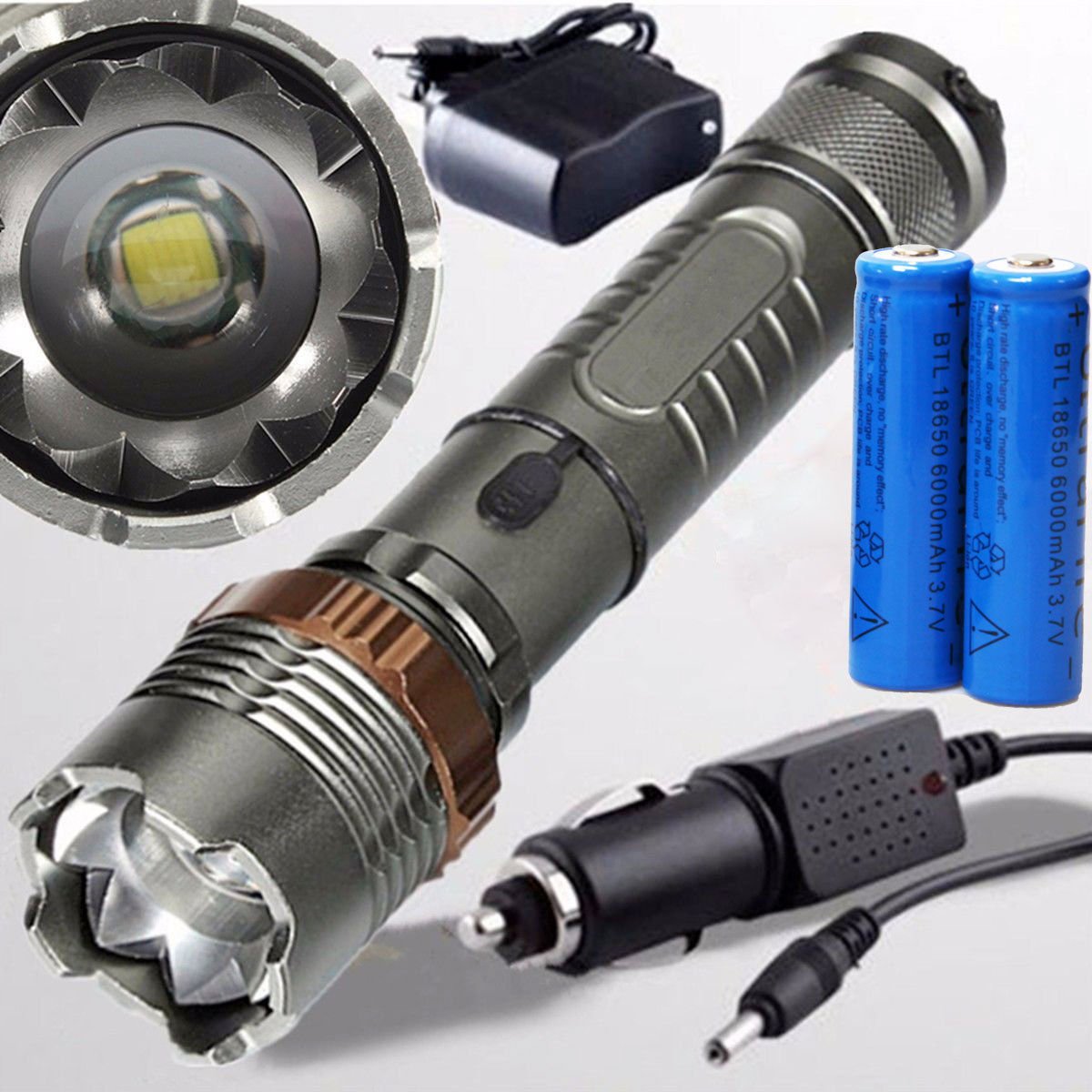 500Lumen 3Mode LED Zoomable Waterproof Flashlight Battery Charger