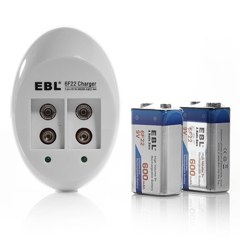EBL 6F22 9V 600mAh Li-ion Rechargeable Battery (2 Pack) +9 Volt Charger