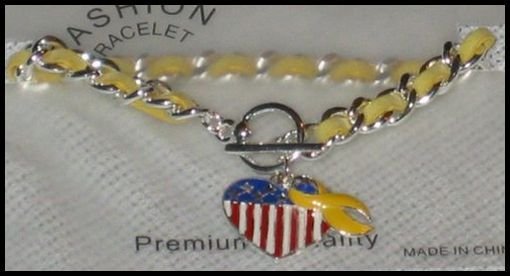 Support Our Troops in Iraq Patriotic American Flag Heart & Yellow Ribbon Charm Toggle Bracelet J22