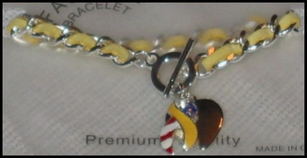 Support Our Troops in Iraq Patriotic American Flag Yellow Ribbon & Heart Charms Toggle Bracelet J42