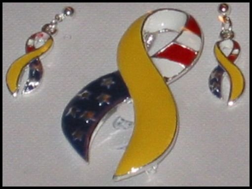Support Our Troops in Iraq Patriotic Yellow Ribbon American Flag Earrings Pin Pendant Set J62