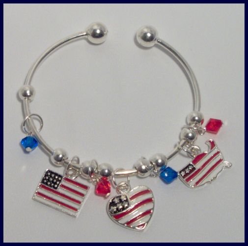 Patriotic American Flag Heart USA Map Charm Bracelet Support Our Troops in Iraq