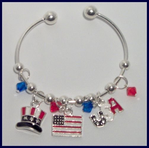 Patriotic Top Hat American Flag USA Danglers Charm Bracelet Support Our Troops in Iraq