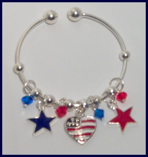 Patriotic American Flag Heart and Stars Danglers Bracelet Support Our Troops in Iraq Army Marine