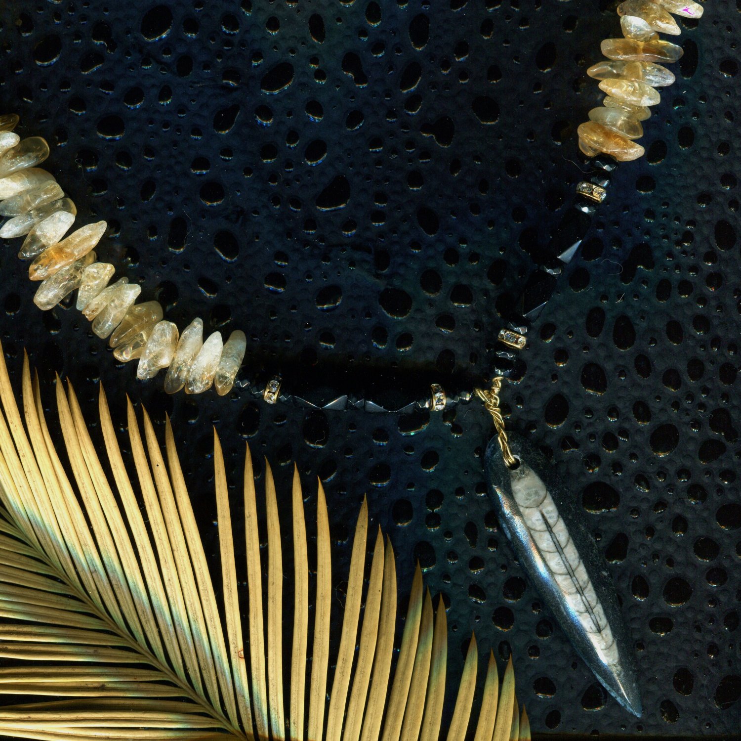 Citrine Gemstone Necklace w/ Orthoceras Fossil Pendant