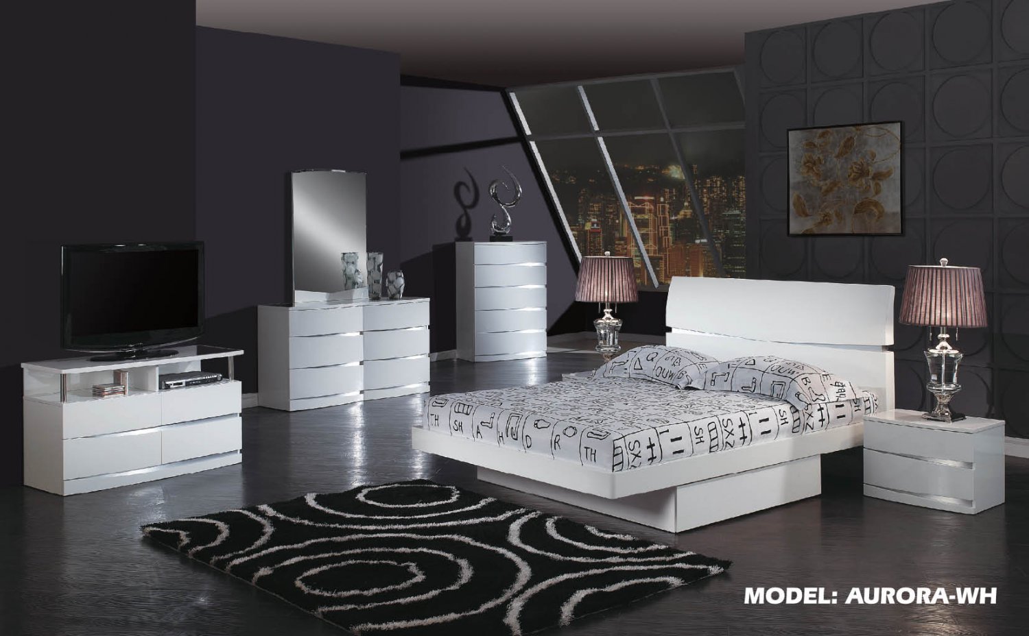 Aurora White Glossy Finish Contemporary Queen Size 5pc Bedroom Set by Global