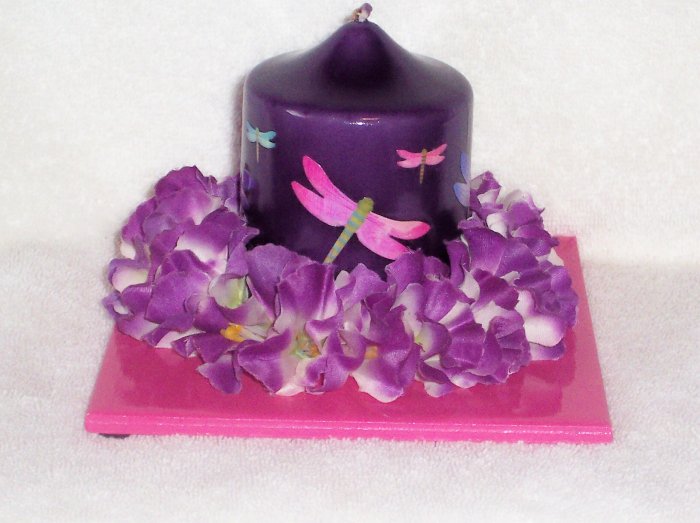 Hand Decorated Dragonfly Candle on Matching Tile Holder