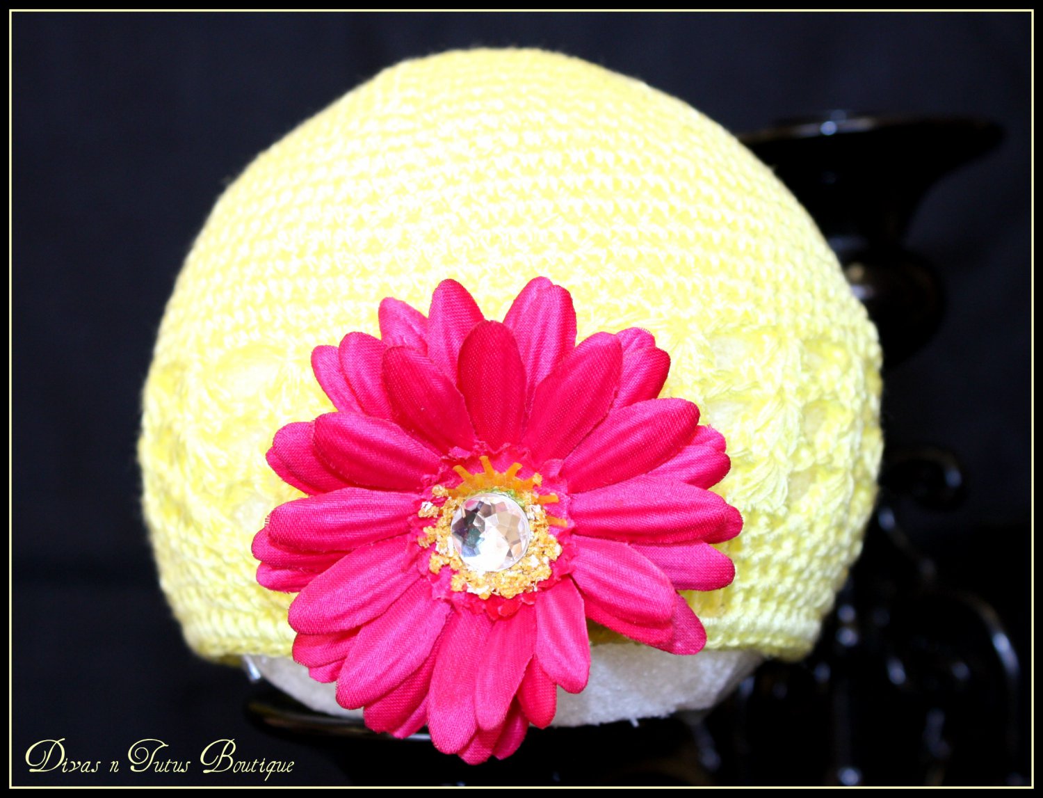 Infant Crochet Beanies /Kufi Hats Yellow with Hot Pink Flower - newborn to 12 months