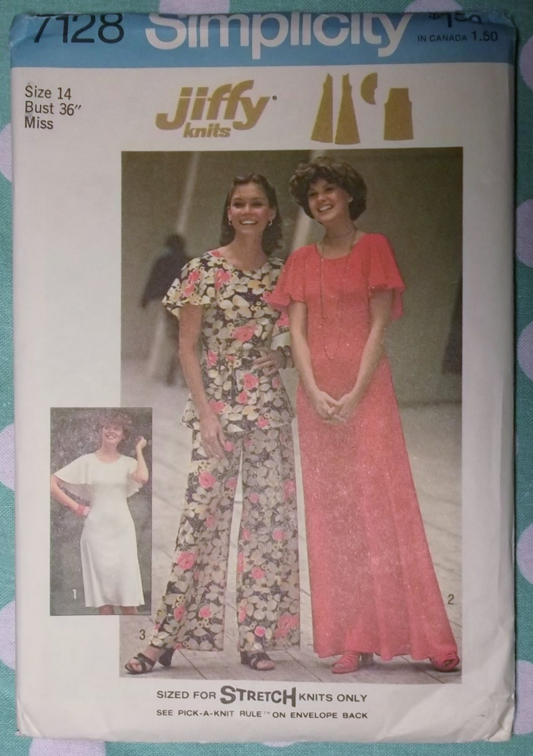 Vintage 1970s Jiffy Simplicity 7128 Pattern Knit Dress or Top and Pants Size 14 Uncut