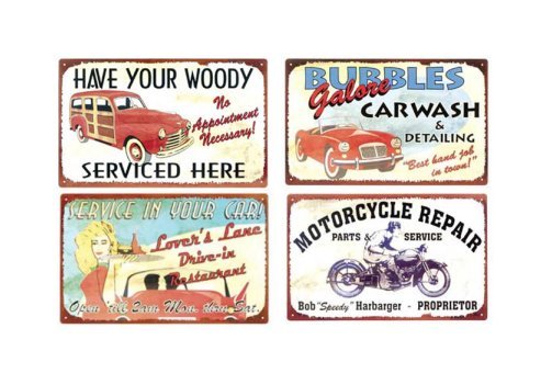 Automobile and Motorcyle Signs - Drive In - Woody Serviced - Car Wash - Repair - Set of 4 Tin Signs