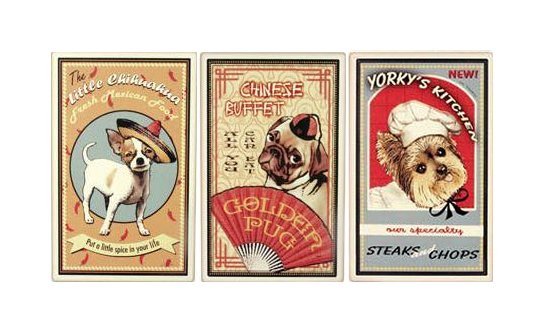 Golden Pug Chinese Buffet - Yorky's Kitchen - Little Chihuahua - Set of 3 Tin Signs