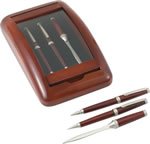3pc Pen Pencil and Letter Opener in a Wood and Glass Box