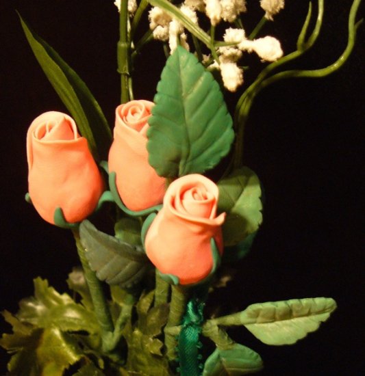 Rose Bouquet # 21 Polymer Clay Rose & Leaves -handmade By Treasure Vallie