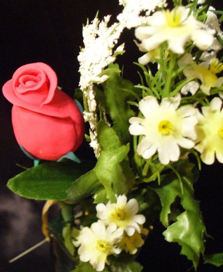 Rose Bouquet # 24 Polymer Clay Rose & Leaves -handmade By Treasure Vallie