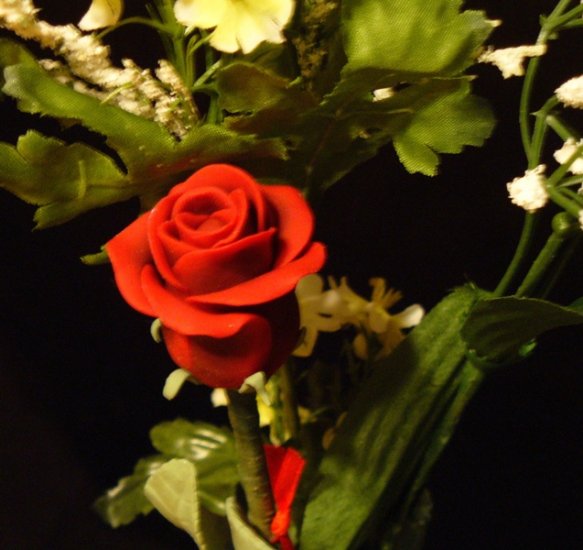 Rose Bouquet # 25 Polymer Clay Rose & Leaves -handmade By Treasure Vallie