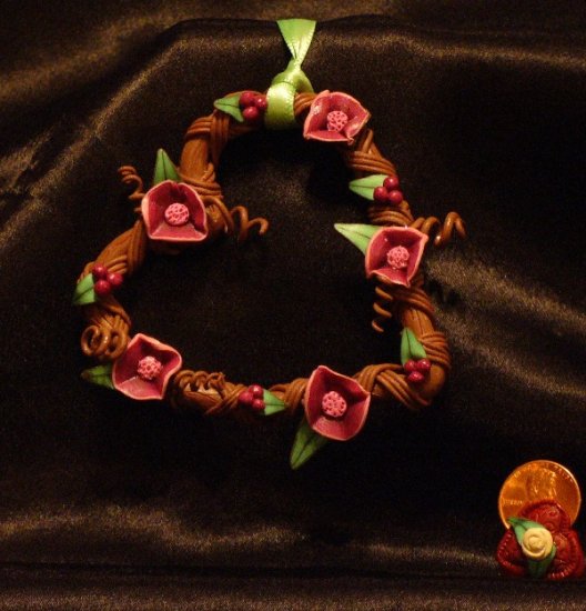 Heart Wreath Ornament # 4 handmade from Polymer Clay by Treasure Vallie