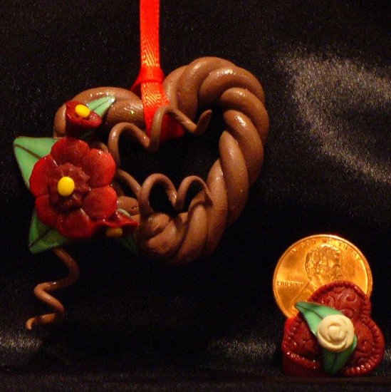 Heart Wreath Ornament # 6 handmade from Polymer Clay by Treasure Vallie