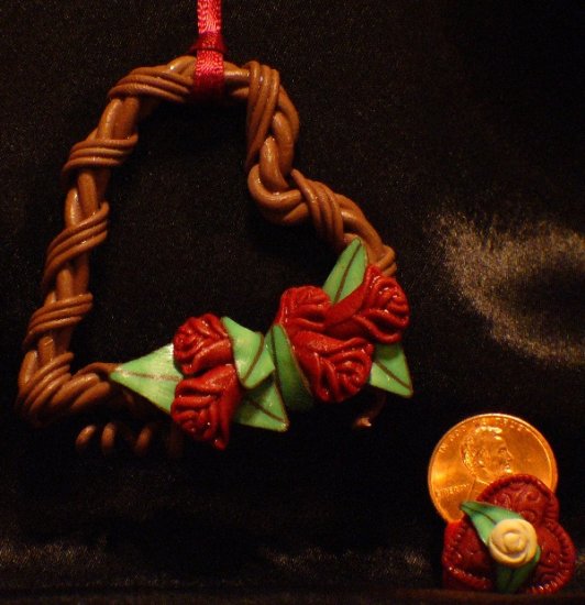 Heart Wreath Ornament # 8 Handmade from Polymer Clay by Treasure Vallie