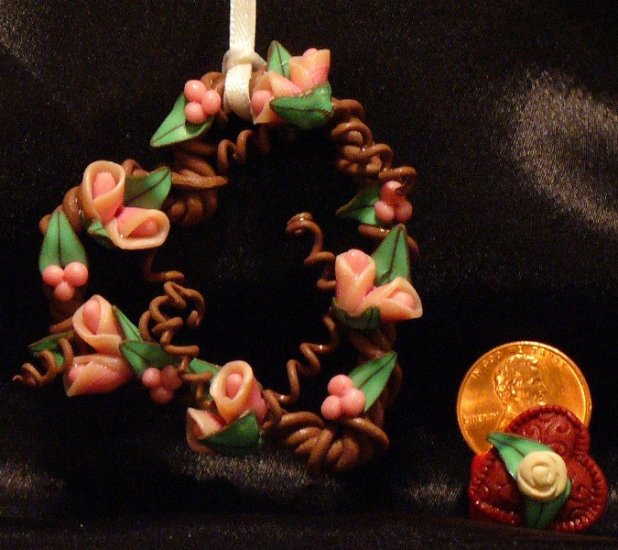 Heart Wreath Ornament # 9 Handmade from Polymer Clay by Treasure Vallie