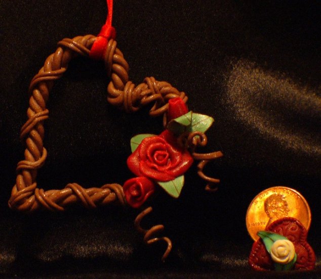 Heart Wreath Ornament # 10 Handmade from Polymer Clay by Treasure Vallie