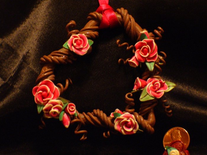 Heart Wreath Ornament # 12 Handmade from Polymer Clay by Treasure Vallie