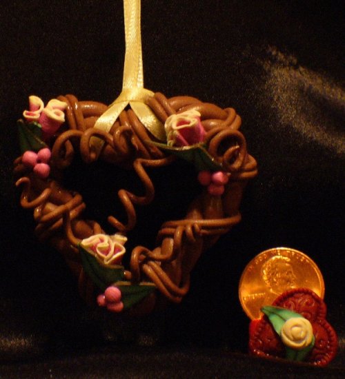 Heart Wreath Ornament # 13 Handmade from Polymer Clay by Treasure Vallie