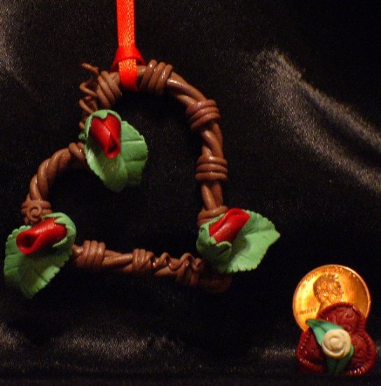 Heart Wreath Ornament # 21 Handmade from Polymer Clay by Treasure Vallie