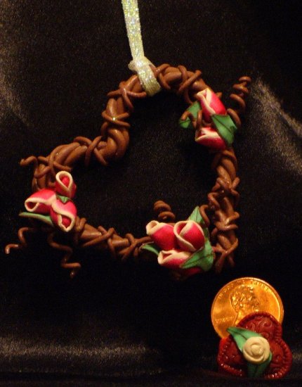 Heart Wreath Ornament # 22 Handmade from Polymer Clay by Treasure Vallie