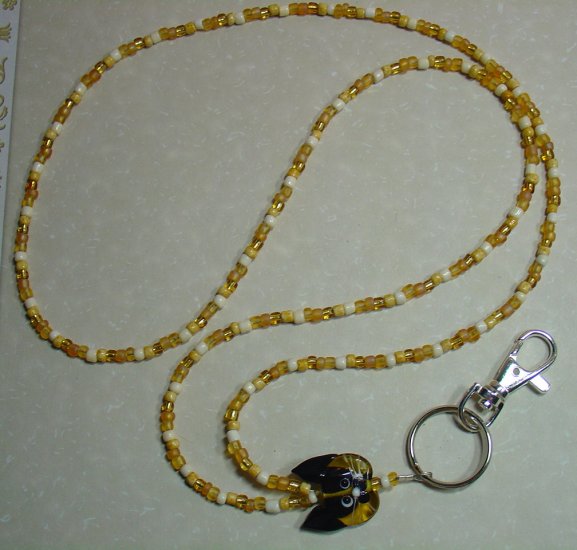 ADORABLE TOPAZ KITTY CAT~BEADED LANYARD~ID BADGE HOLDER~LANYARDS