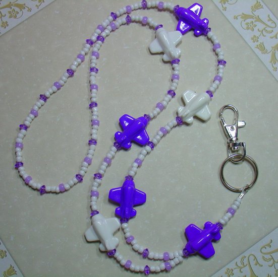 PURPLE & WHITE AIRPLANES~BEADED LANYARD~ID BADGE HOLDER~LANYARDS