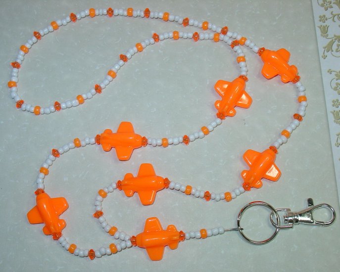 ORANGE AIRPLANES~BEADED LANYARD~ID BADGE HOLDER~LANYARDS