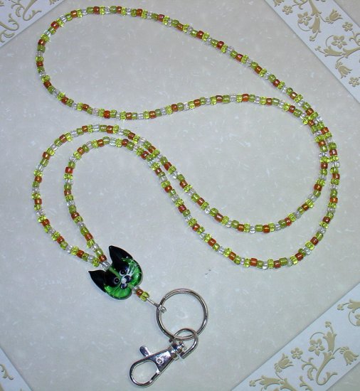 ADORABLE GREEN KITTY CAT~BEADED LANYARD~ID BADGE HOLDER~LANYARDS