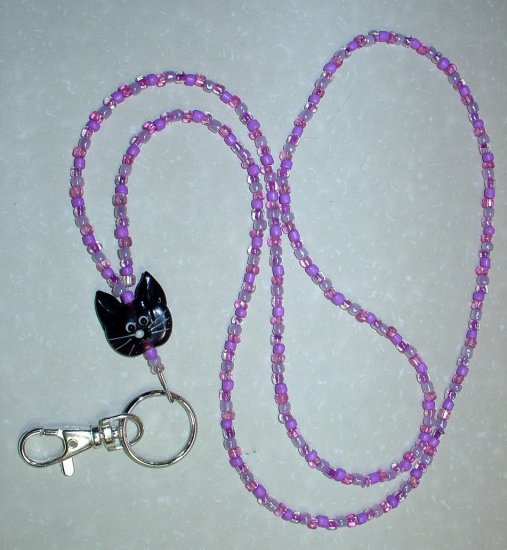 ADORABLE PURPLE KITTY CAT~BEADED LANYARD~ID BADGE HOLDER~LANYARDS
