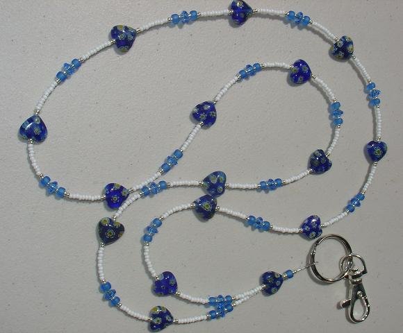 BLUE MILLEFIORI HEART~BEADED LANYARD~ID BADGE HOLDER~LANYARDS