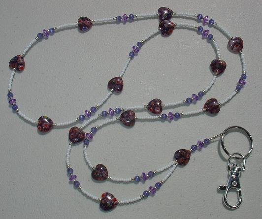 PURPLE MILLEFIORI HEARTS~BEADED LANYARD~ID BADGE HOLDER~LANYARDS