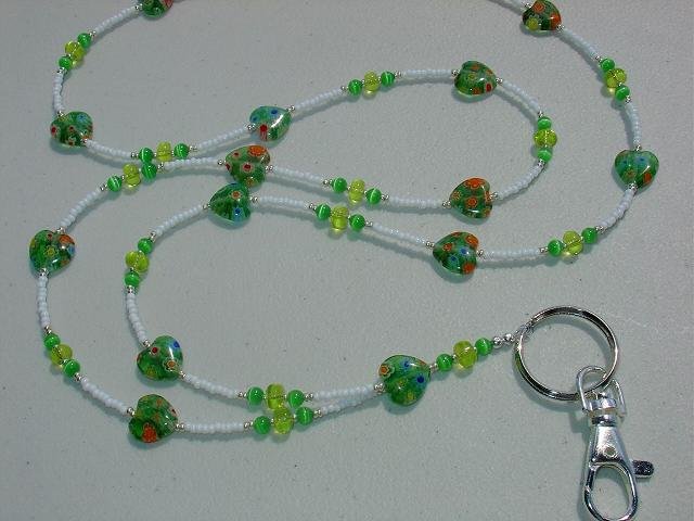 GREEN MILLEFIORI HEARTS~BEADED LANYARD~ID BADGE HOLDER~LANYARDS