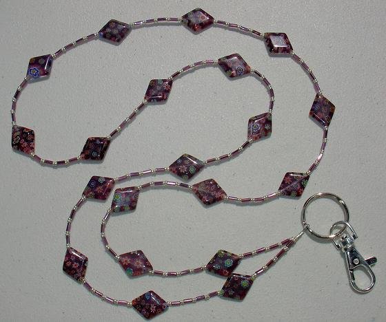 PURPLE RHOMBUS MILLEFIORI ~BEADED LANYARD~ID BADGE HOLDER~LANYARDS