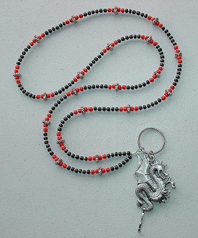 DRAGON RED/BLACK~BEADED LANYARD~ID BADGE HOLDER~LANYARD