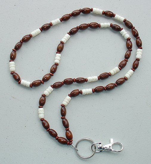 BROWN WOOD OVALS & CARVED BONE~BEADED LANYARD~ID BADGE HOLDER~LANYARD