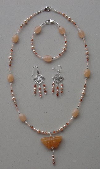 SWAROVSKI PEACH PEARL~BUTTERFLY~STERLING SILVER~NECKLACE~BRACELET~EARRINGS~SET
