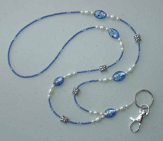 SAPPHIRE~PEARL~BEADED LANYARD~ID BADGE HOLDER~LANYARD